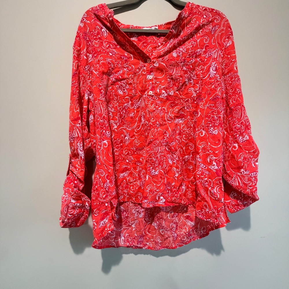 Carve Designs Button Up Top Women XL Red Paisley Cotton Roll Tab Sleeve Coastal
